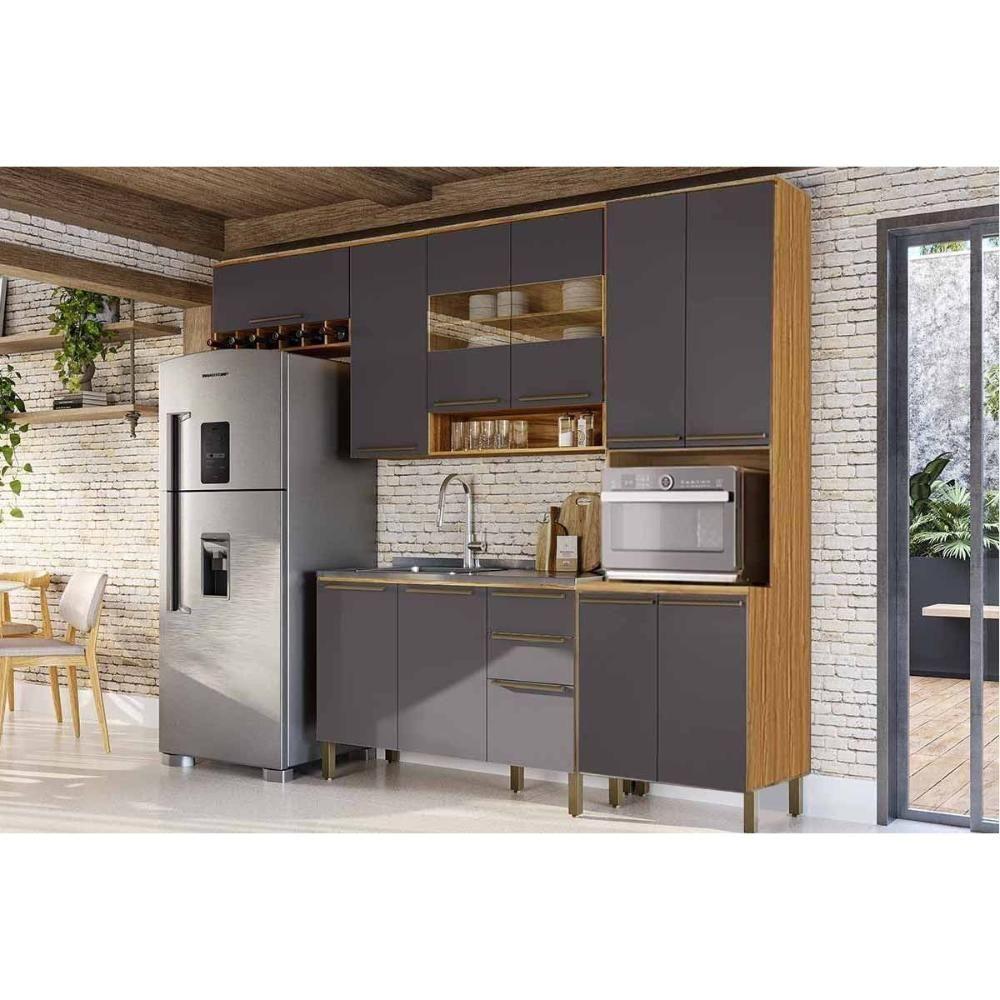Kit Cozinha Modulada 4 Peças Nápoli Prime (2aéreos+1balcão+1paneleiro) C4p238 Amendoa-grafite - Ronipa - 1