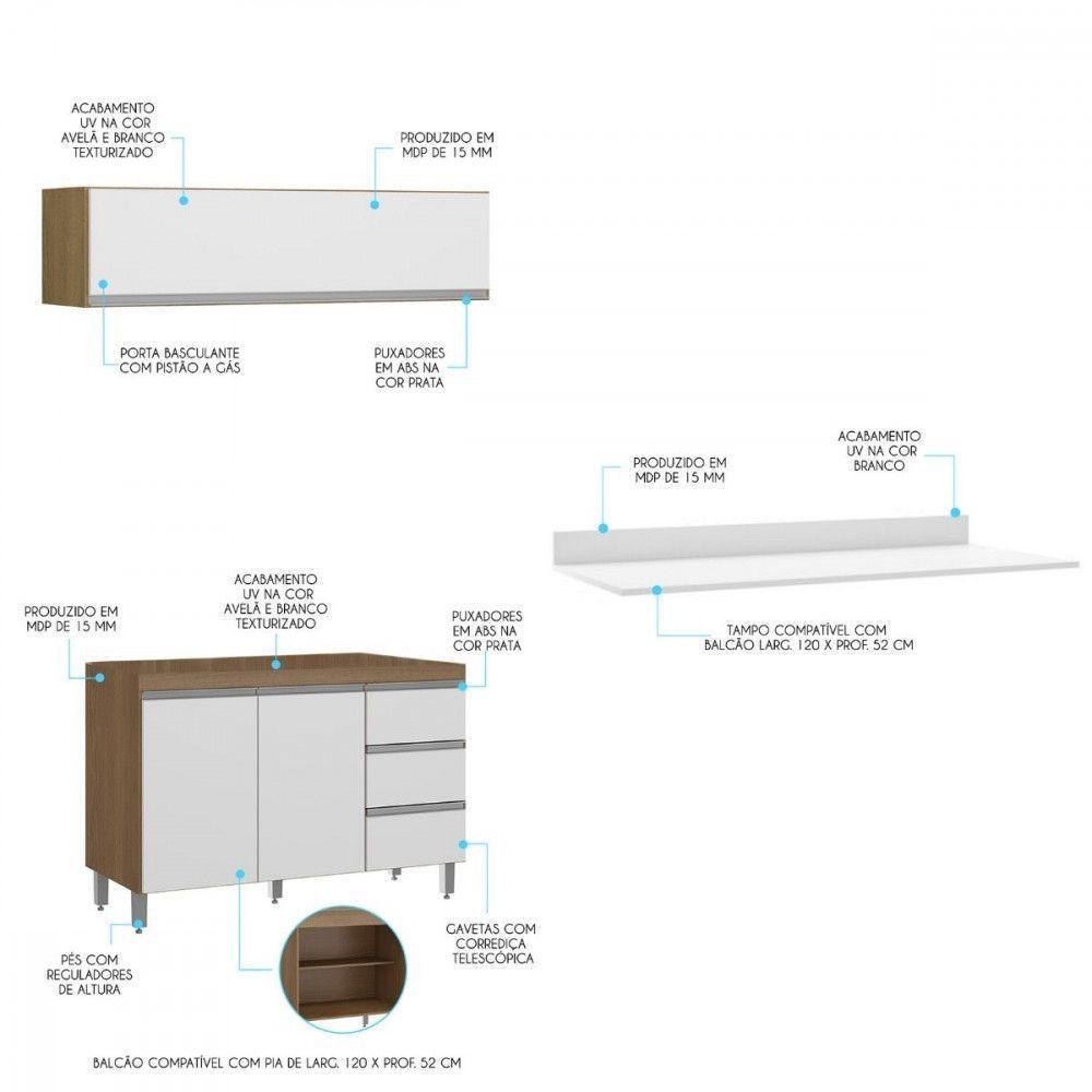 Kit Cozinha Balcão Tampo Armário Aéreo 120cm Menu Móveis Branco - 2
