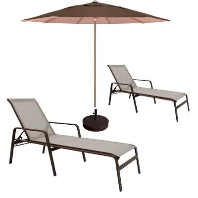 Kit 2 Espreguiçadeiras Piscina Sevilha + Guarda Sol Praia Com Base Capuccino