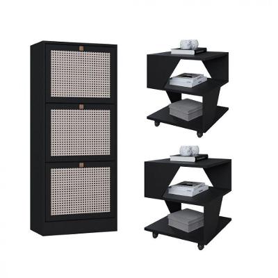 Kit Sapateira Spin Tropical 3 Portas E 2 Mesas De Cabeceira Preto