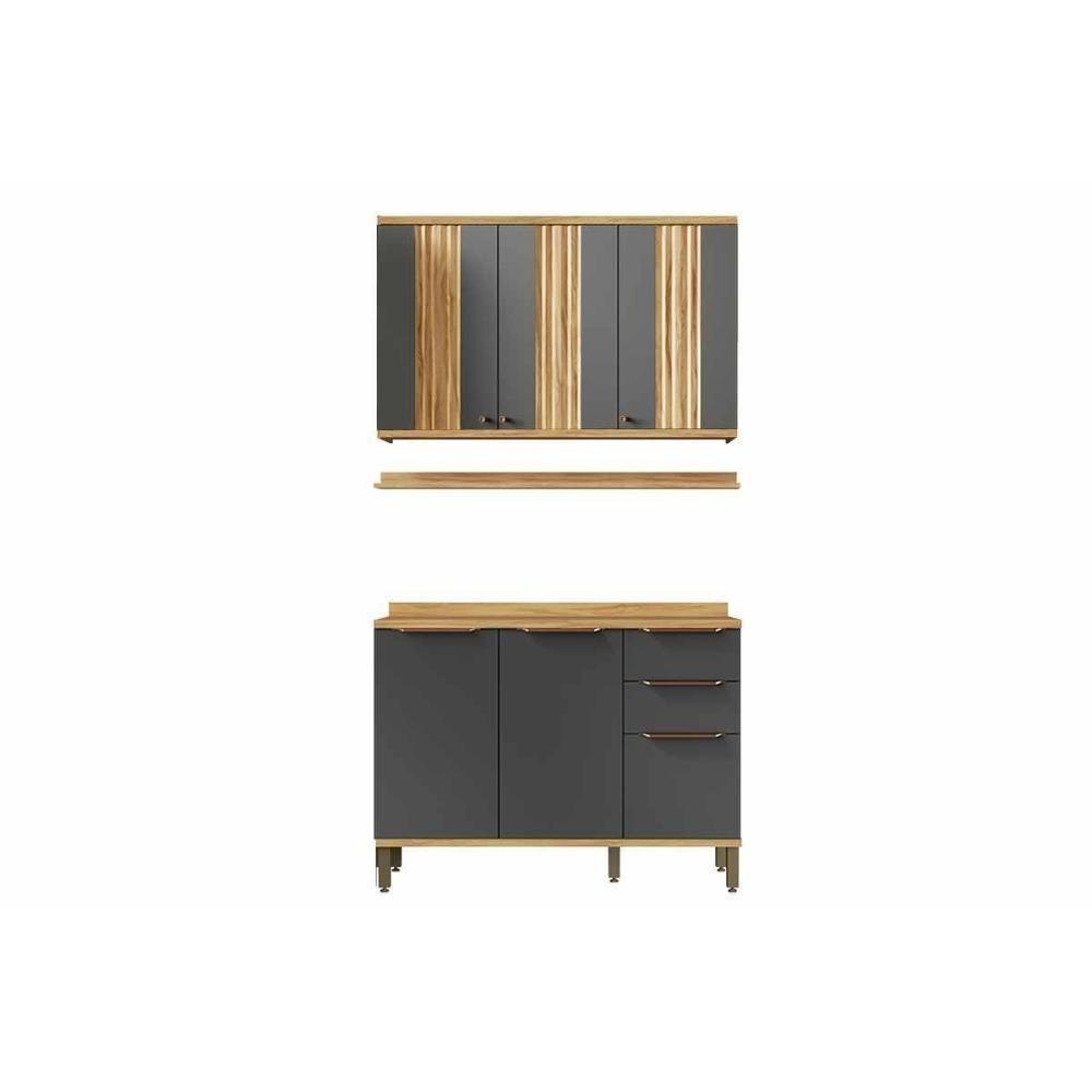 Kit Cozinha Modulada 3 Peças Sauvignon (1aéreo+1balcão+1complemento) C3p48 Amendoa-grafite - Ronipa - 1