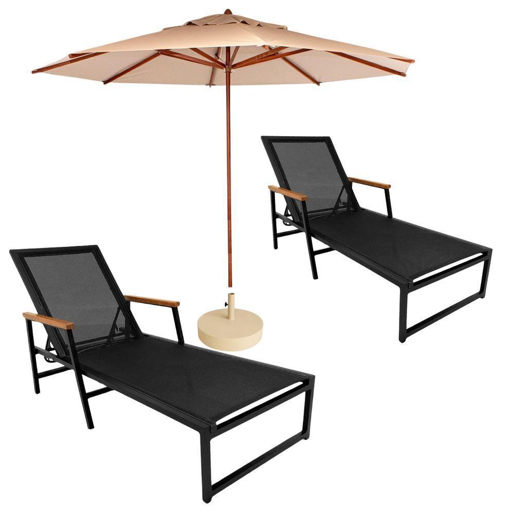 Kit 2 Espreguiçadeiras Confortável Reclinável Piscina Jardim + Ombrelone Bege Escuro - 1