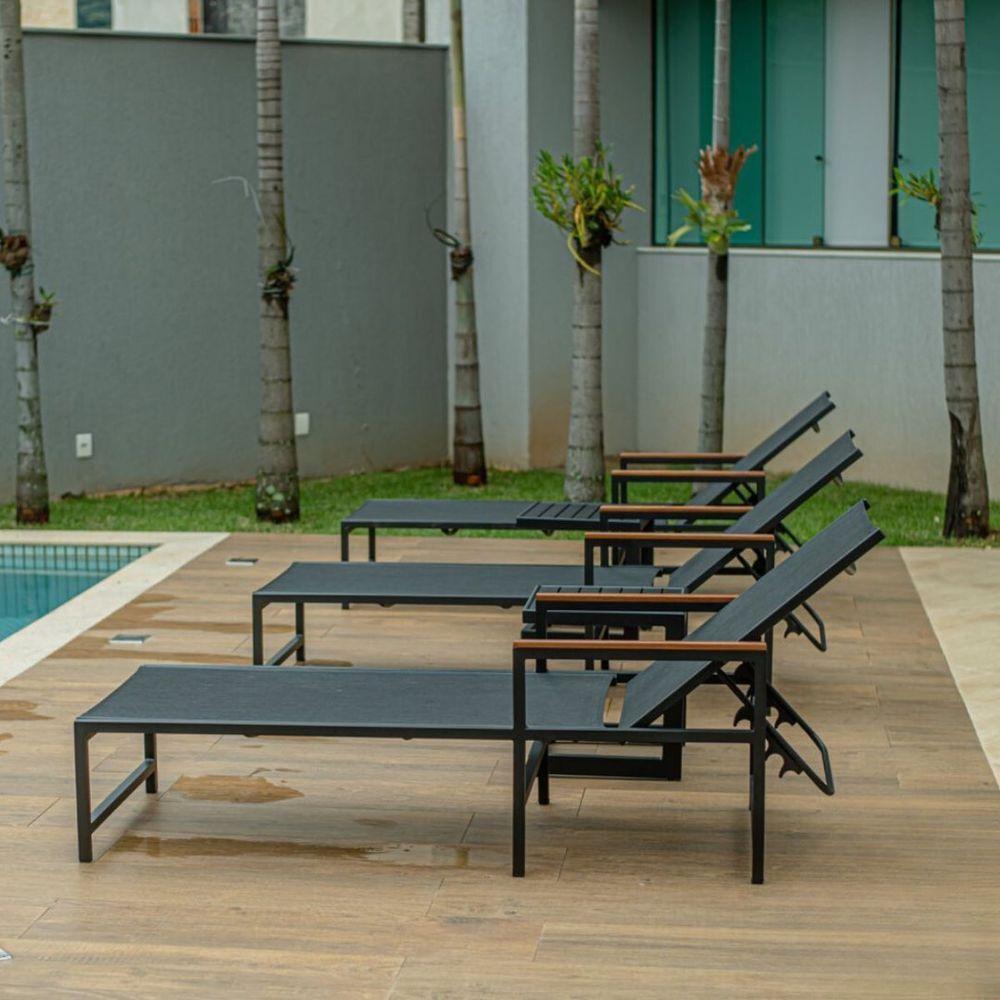 Kit 2 Espreguiçadeiras Confortável Reclinável Piscina Jardim + Ombrelone Bege Escuro - 5