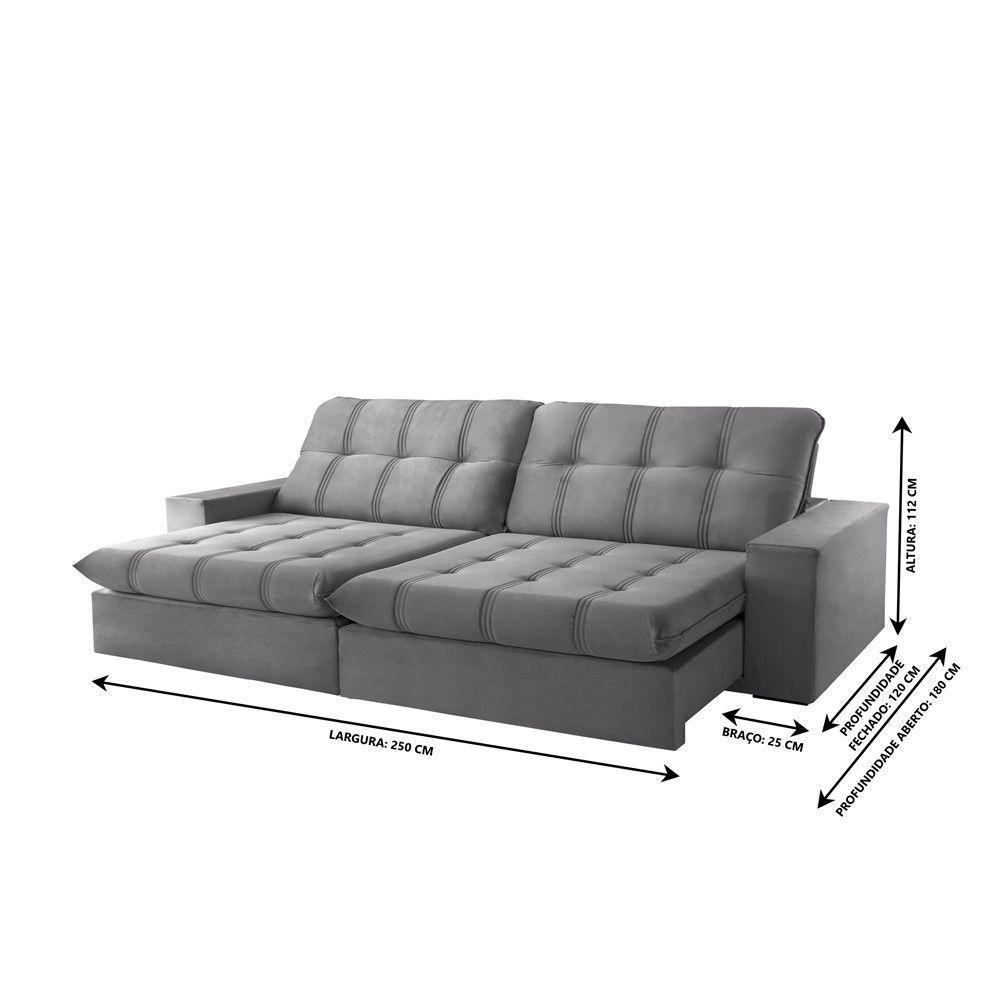 Sofá Retrátil Caparaó 2,50m 4 Lugares Molas Ensacadas Txr Prata - 3