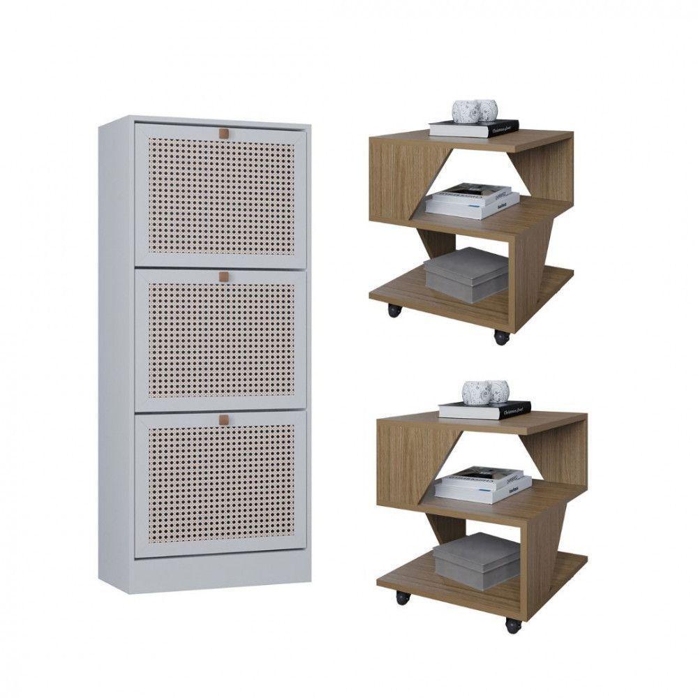 Kit Sapateira Spin Tropical 3 Portas E 2 Mesas De Cabeceira Carvalho/branco - 1