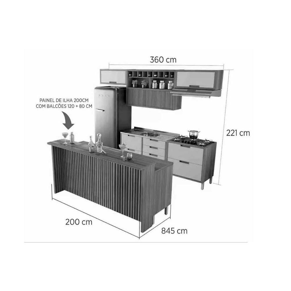 Kit Cozinha Modulada 8 Peças Imperatriz (3aéreos+4balcões+1ilha) C8p53 Freijo-off White - Nesher - 3