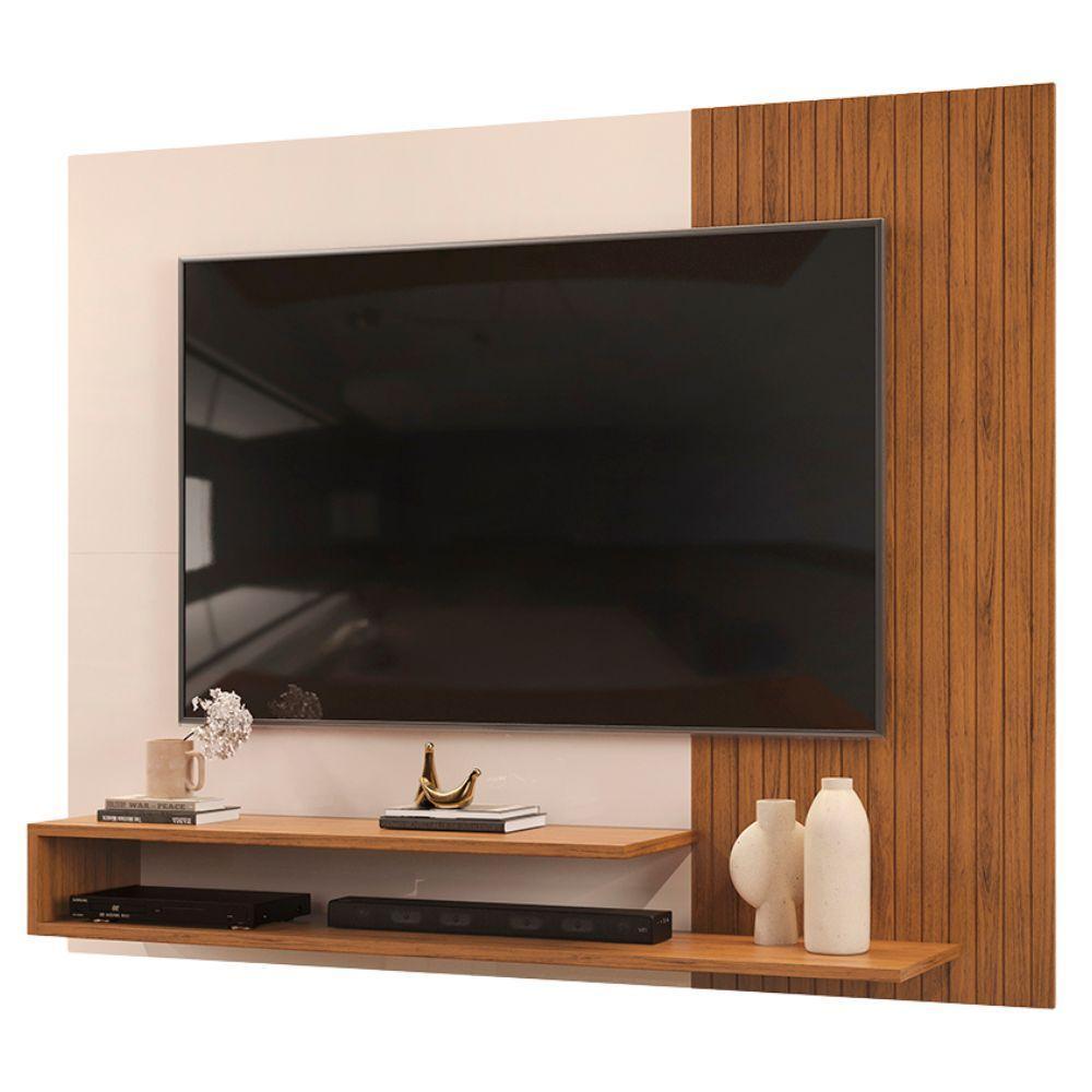 Painel Para Tv Até 50 Polegadas Detalhe Frisado Com Prateleiras Gael Madeirado/off White - 1