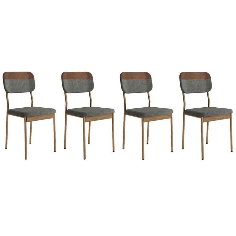 Kit 4 Cadeiras Sala Jantar Valle 1755 Aço 4 Uni Rose-linho Grafite-courano Caramelo-freijo - Carraro - 1