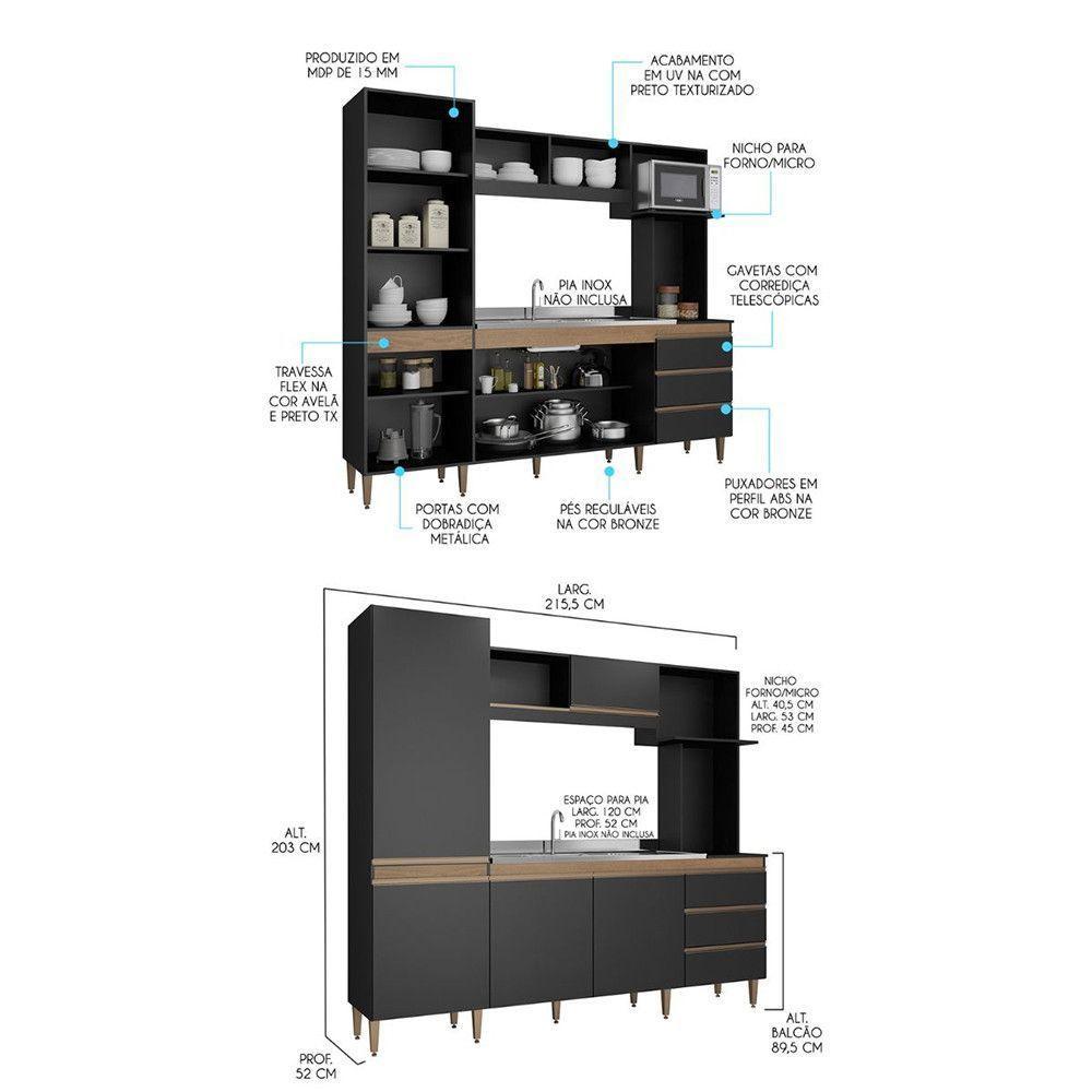 Kit Cozinha Compacta Bancada Ilha Gourmet Mdp Menu Móveis Preto - 2