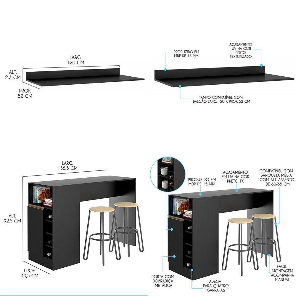 Kit Cozinha Compacta Bancada Ilha Gourmet Mdp Menu Móveis Preto - 3