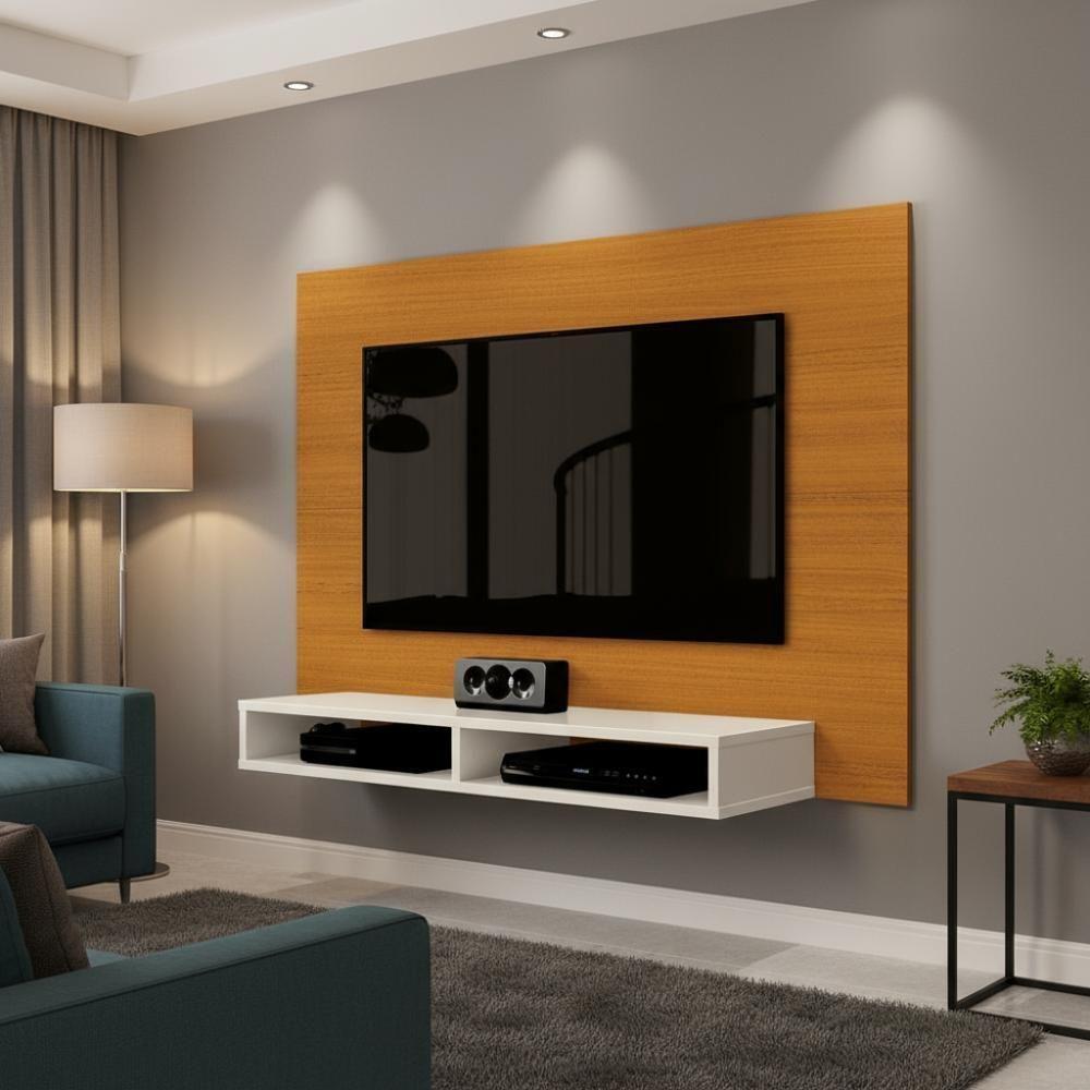 Painel Suspenso Para Parede Tv 43 Polegadas 1,20m Com Nicho - Cedro-off White - 1