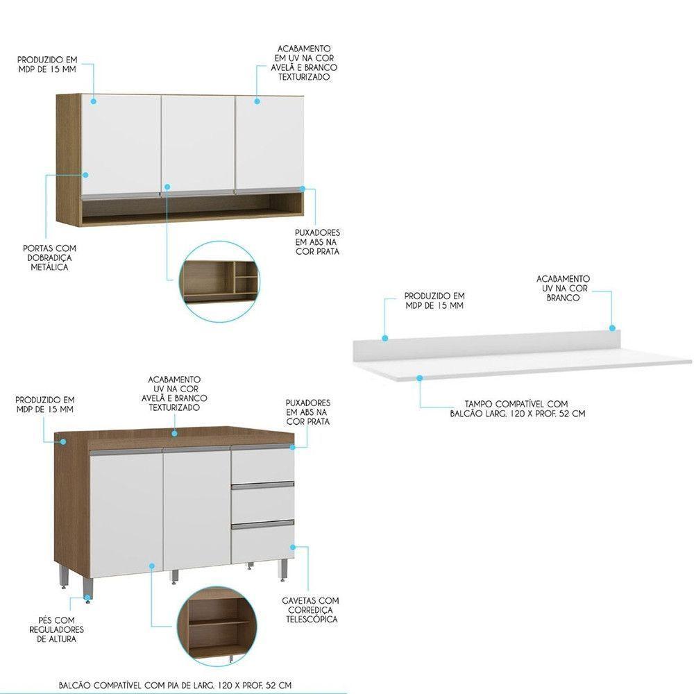 Kit Balcão Tampo Cozinha Armário Aéreo 120cm Mdp Menu Móveis Branco - 2