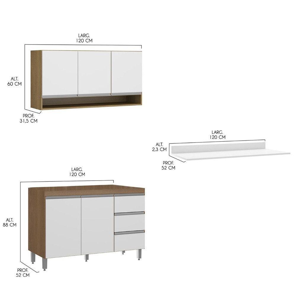 Kit Balcão Tampo Cozinha Armário Aéreo 120cm Mdp Menu Móveis Branco - 3
