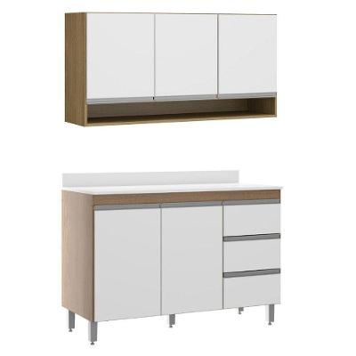 Kit Balcão Tampo Cozinha Armário Aéreo 120cm Mdp Menu Móveis Branco