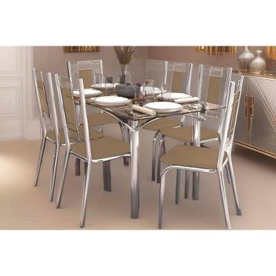 Kit 6 Cadeiras Sala Jantar Elba C- Tampo De Vidro 80x150cm E 6 Cadeiras Florença Cromada - Corano Capuccino - Kappesberg