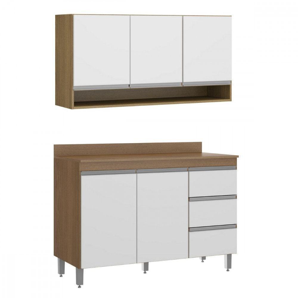 Kit Balcão Tampo Armário Aéreo Cozinha 120cm Menu Móveis Branco - 1