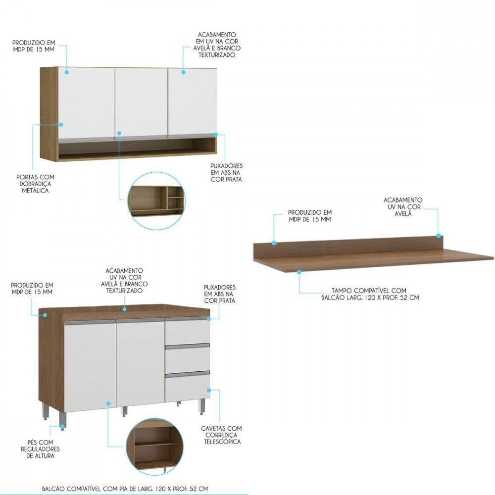 Kit Balcão Tampo Armário Aéreo Cozinha 120cm Menu Móveis Branco - 2