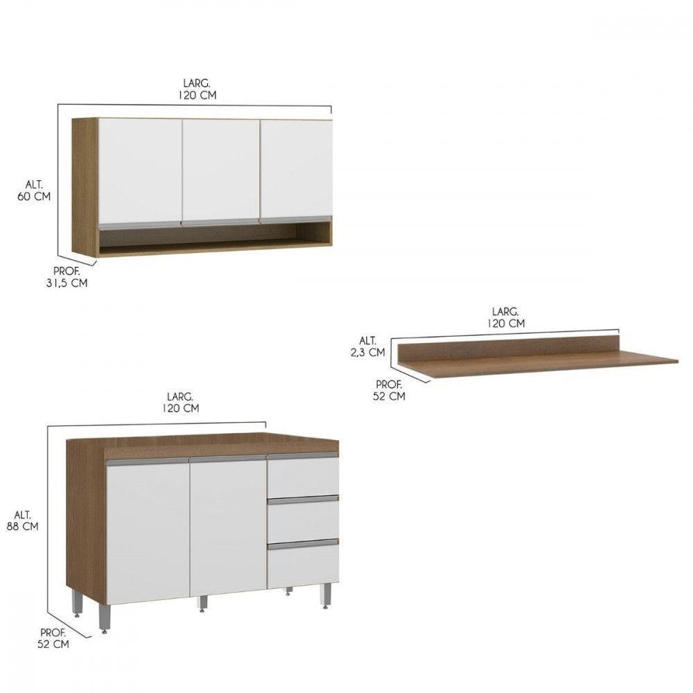 Kit Balcão Tampo Armário Aéreo Cozinha 120cm Menu Móveis Branco - 3