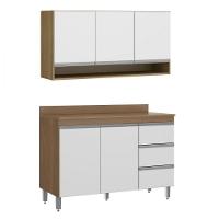 Kit Balcão Tampo Armário Aéreo Cozinha 120cm Menu Móveis Branco - 1