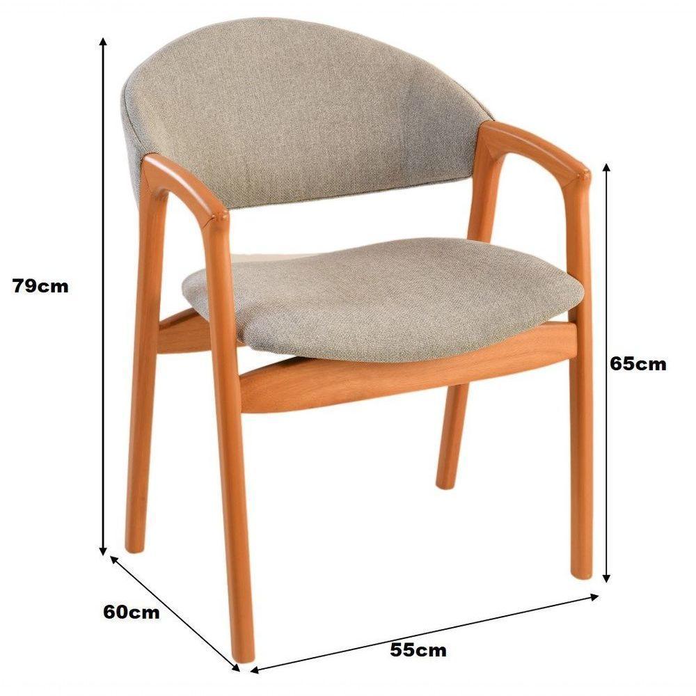 Cadeira Jantar Pietra Poltrona Com Braço Madeira Maciça Amêndoa Estofada Em Linho Cinza Claro Encosto Curvo Moderna - 2