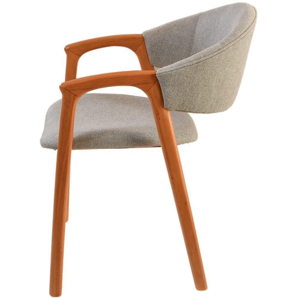 Cadeira Jantar Pietra Poltrona Com Braço Madeira Maciça Amêndoa Estofada Em Linho Cinza Claro Encosto Curvo Moderna - 4