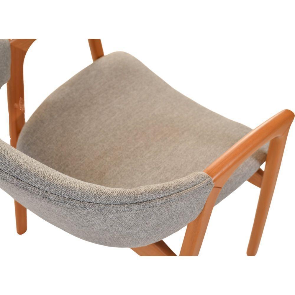 Cadeira Jantar Pietra Poltrona Com Braço Madeira Maciça Amêndoa Estofada Em Linho Cinza Claro Encosto Curvo Moderna - 6
