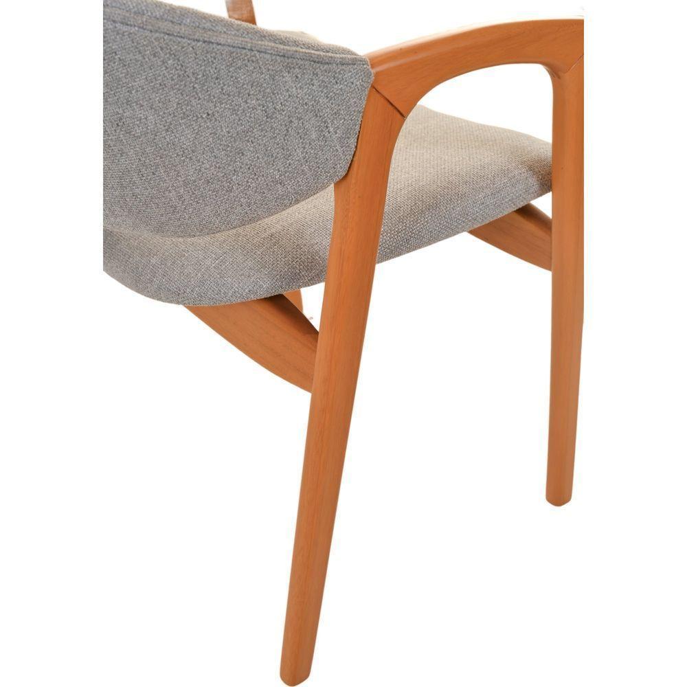 Cadeira Jantar Pietra Poltrona Com Braço Madeira Maciça Amêndoa Estofada Em Linho Cinza Claro Encosto Curvo Moderna - 8