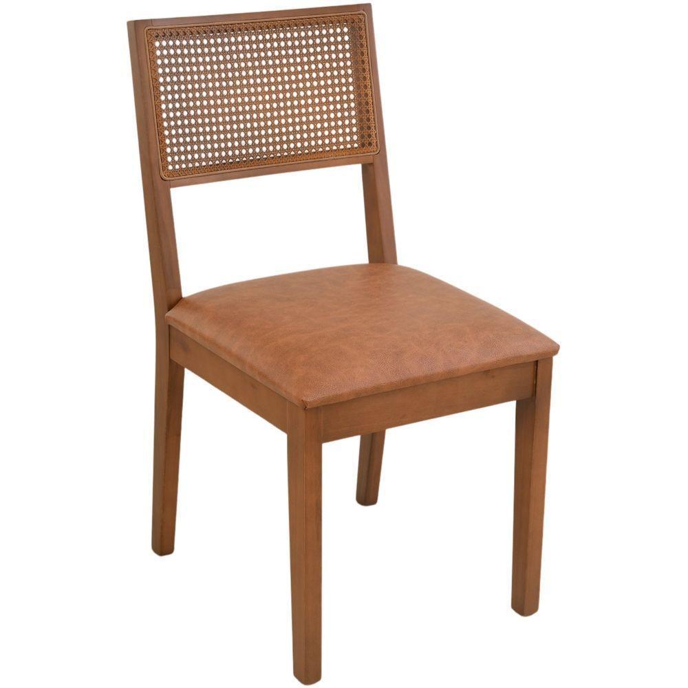 Cadeira Jantar Alice Madeira Maciça Castanho Encosto Palha Sextavada Castanho Assento Corino Caramelo Mescla - 1