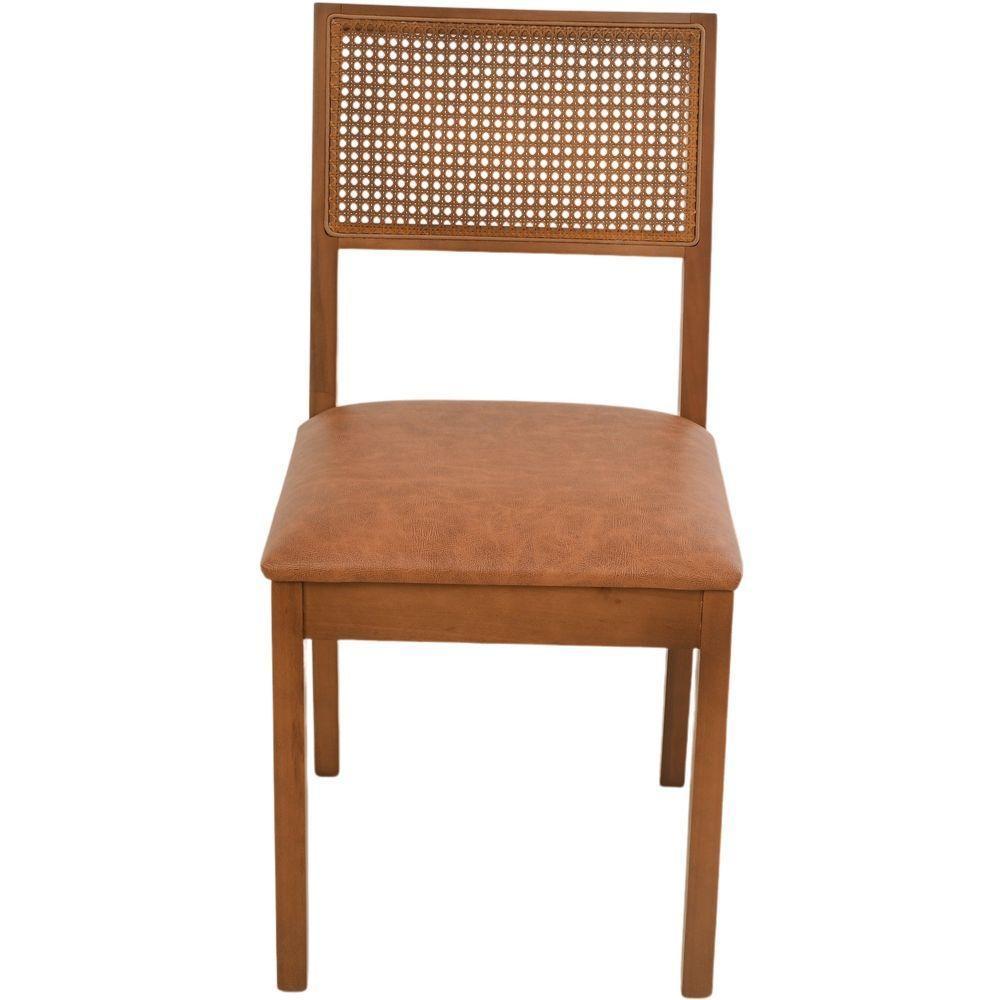 Cadeira Jantar Alice Madeira Maciça Castanho Encosto Palha Sextavada Castanho Assento Corino Caramelo Mescla - 5