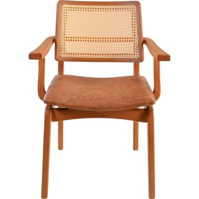 Cadeira Amsterdã Poltrona Com Braço Madeira Maciça Amendoa Encosto Palha Sextavada Assento Corino Caramelo Mescla