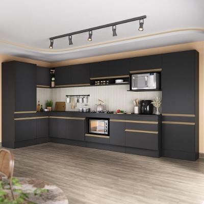 Cozinha Modulada Completa Canto 409cm Com Balcão Cooktop Veneza Multimóveis Mp2304 Preto Dourado