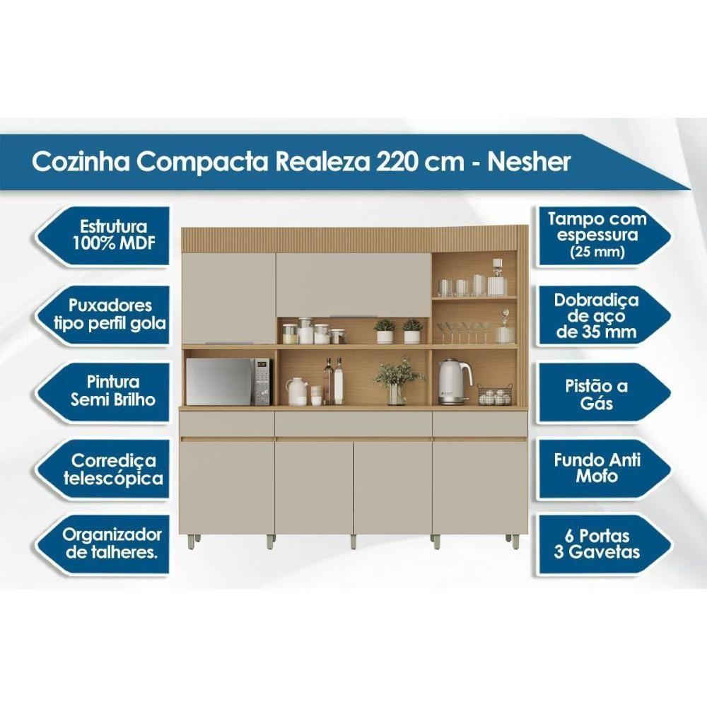 Kit De Cozinha Compacta Realeza C- 6 Portas E 3 Gavetas 220cm Carvalho-titânio - Nesher - 2