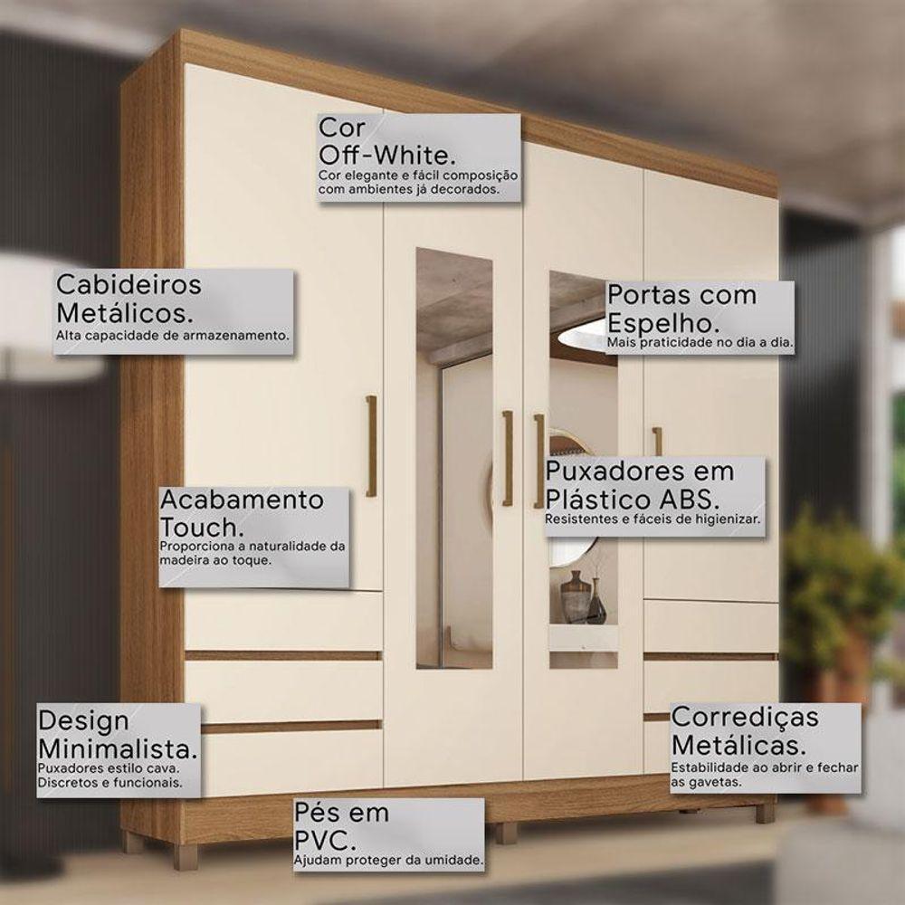 Guarda Roupa Casal Roma 4 Portas Com Espelho Amendola Off White - Demobile - 4