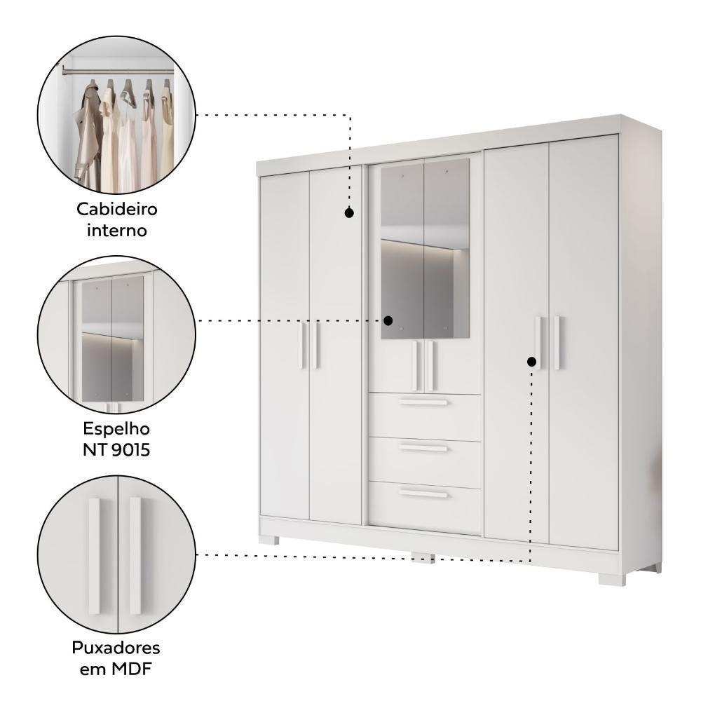 Guarda Roupa Casal 6 Portas Com Espelho 100% Mdf Nt6030 Branco Notável Móveis Branco - 7