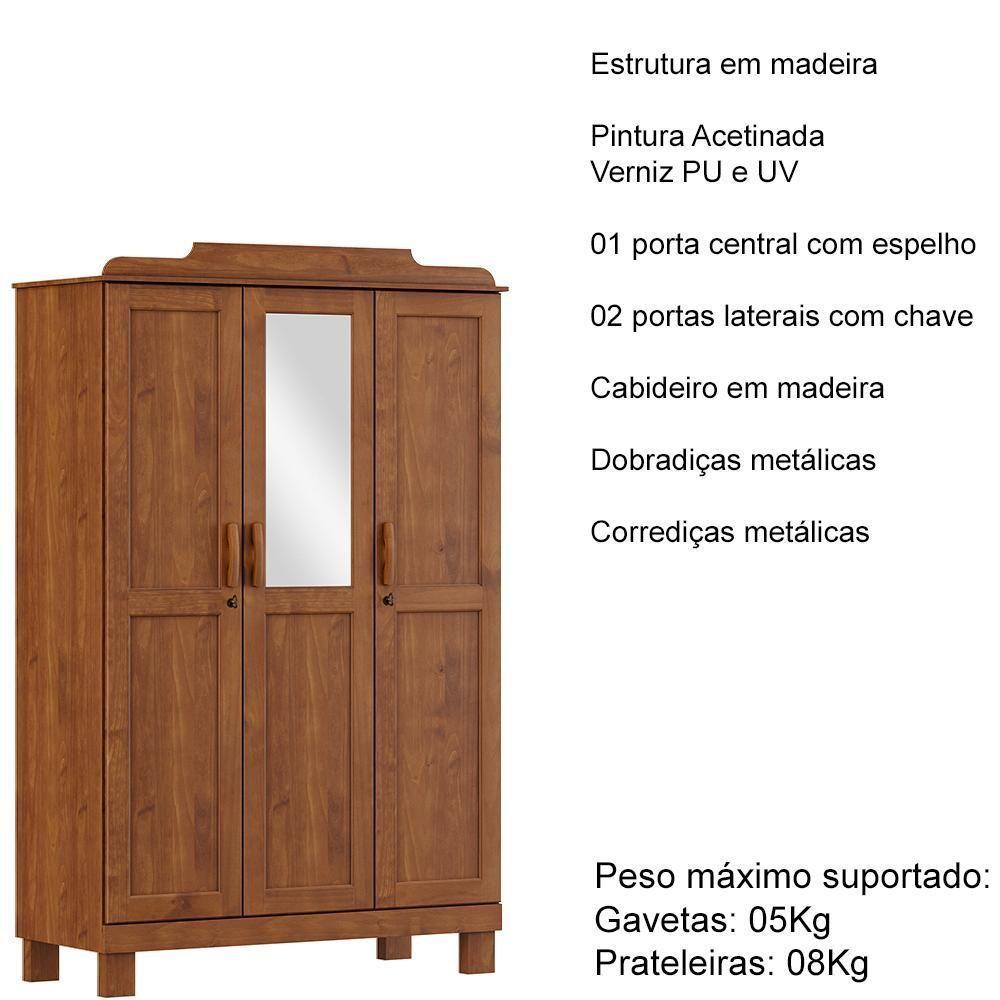 Guarda Roupa 3p Espelho 115 Cm 1281 Castanho Milani Store Castanho - 4
