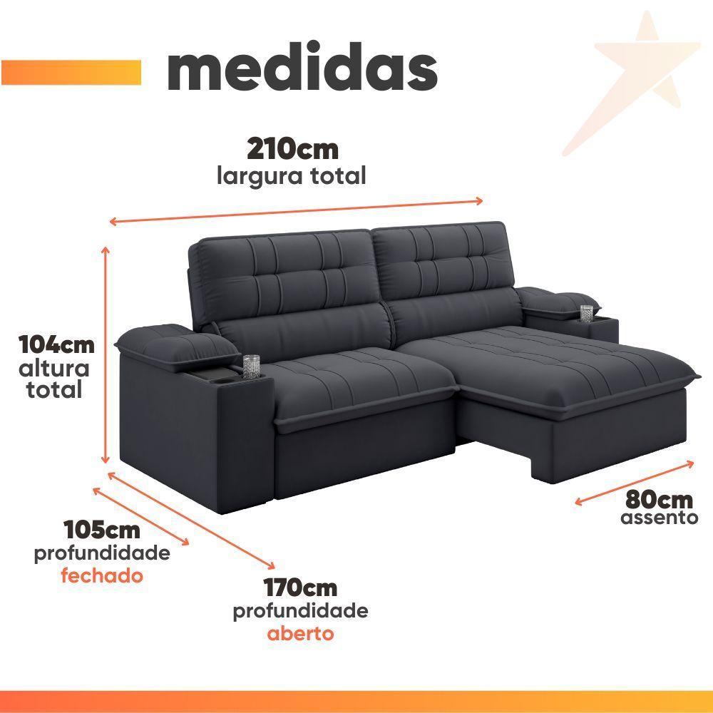 Sofá Retrátil E Reclinável 3 Lugares 2,10m Com Porta Copos Slim Stanley Cinza - 3
