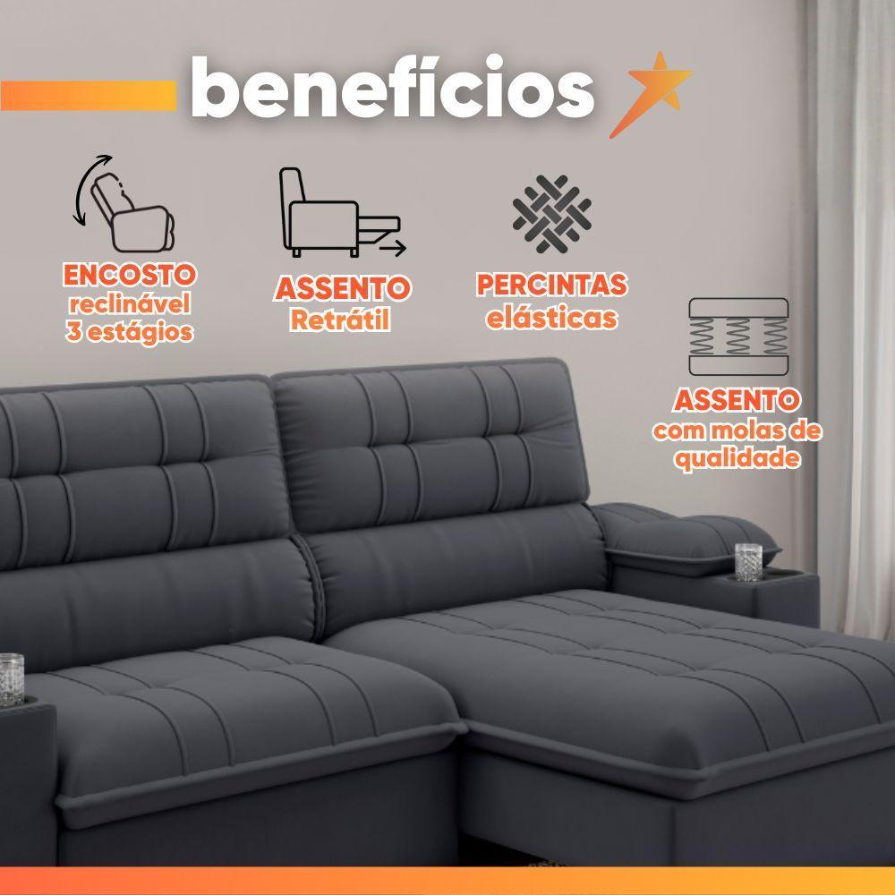Sofá Retrátil E Reclinável 3 Lugares 2,10m Com Porta Copos Slim Stanley Cinza - 5