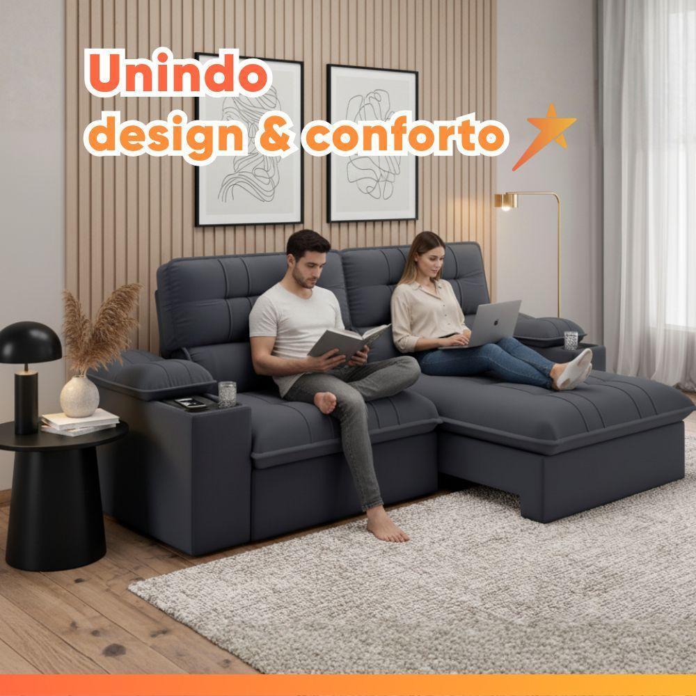 Sofá Retrátil E Reclinável 3 Lugares 2,10m Com Porta Copos Slim Stanley Cinza - 8