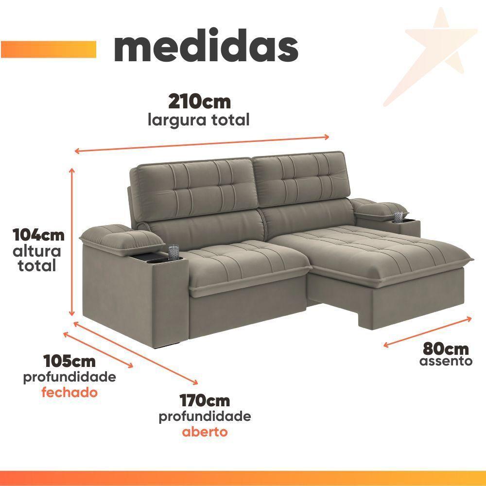 Sofá Retrátil E Reclinável 3 Lugares 2,10m Com Porta Copos Slim Stanley Castor - 3