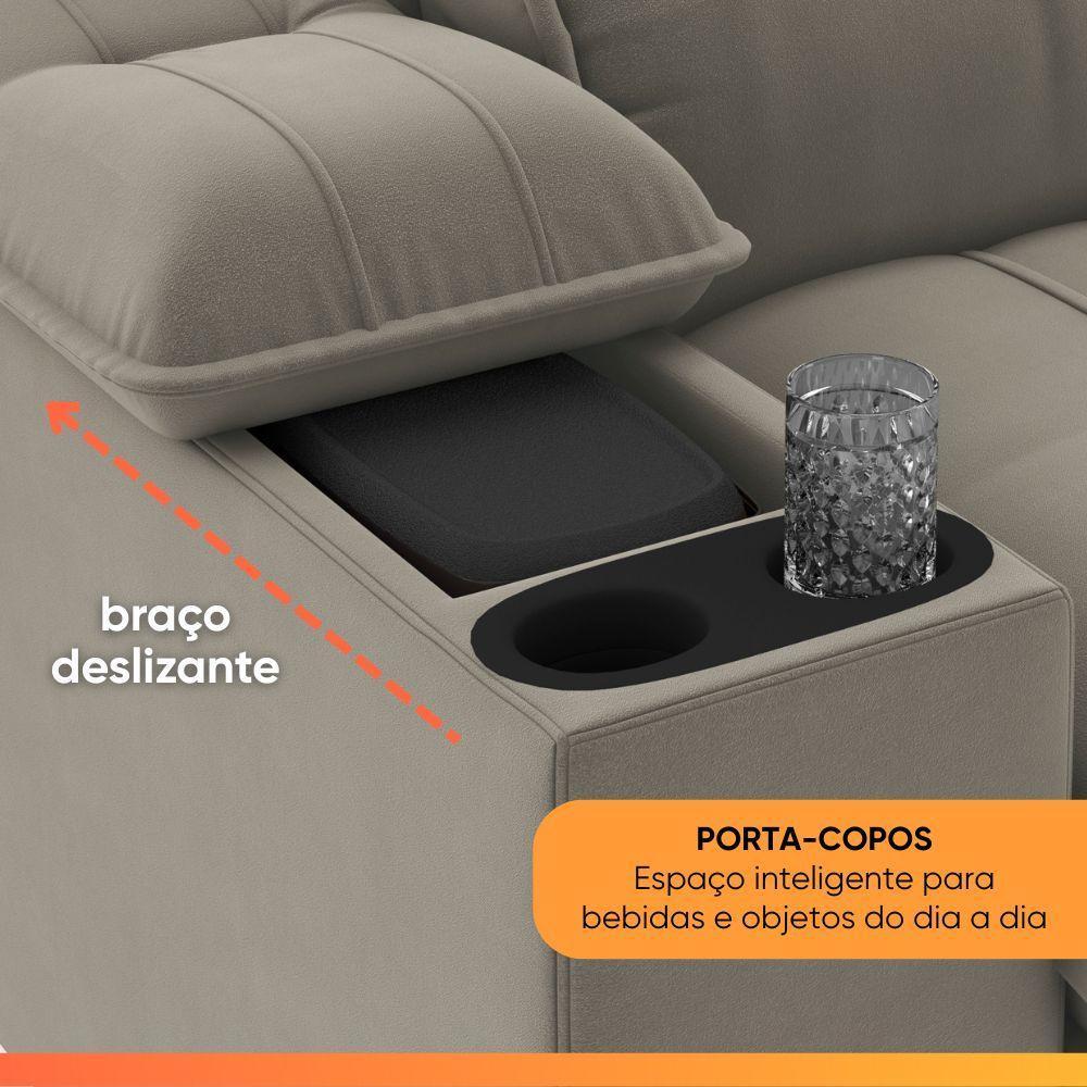 Sofá Retrátil E Reclinável 3 Lugares 2,10m Com Porta Copos Slim Stanley Castor - 4