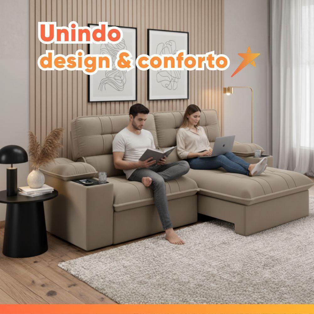 Sofá Retrátil E Reclinável 3 Lugares 2,10m Com Porta Copos Slim Stanley Castor - 8