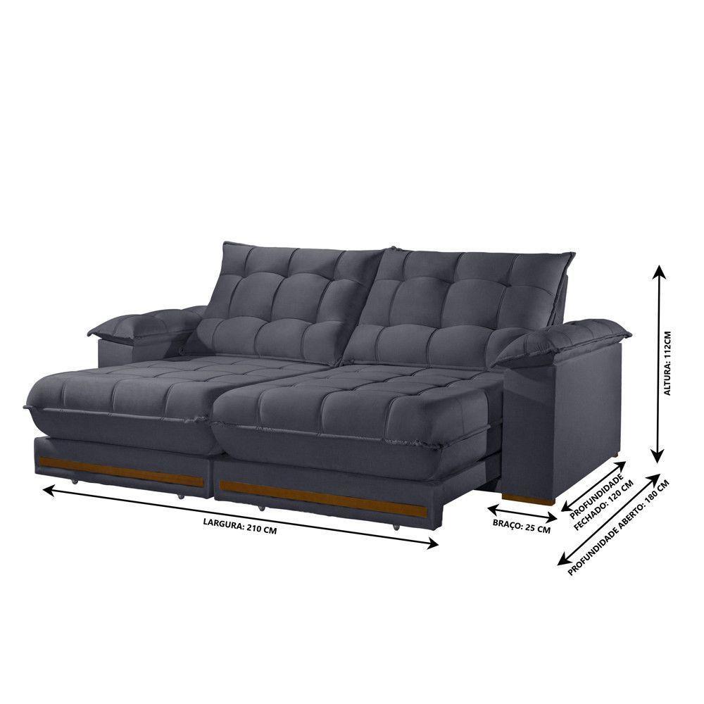 Sofá Retrátil Barcelona 2,10m 3 Lugares Molas Ensacadas Txr Cinza - 3