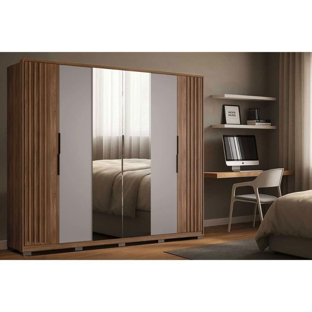 Guarda Roupa Casal 6 Portas (2 Ripadas E 2 C- Espelho) E 6 Gavetas C- Pés Atrice Nogueira Touch-nude Prime - Demóbile - 1
