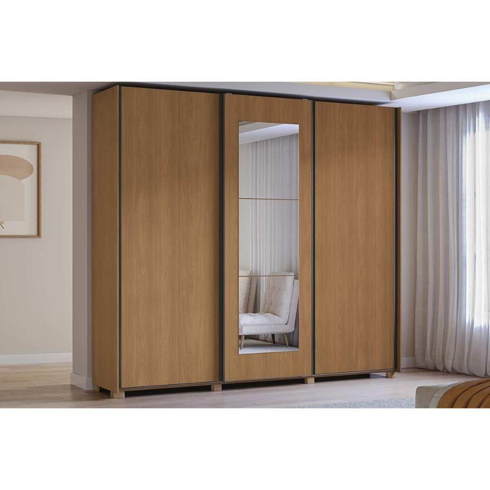 Guarda Roupa Casal 3 Portas De Correr (1 C- Espelho) E 4 Gavetas C- Pés Cb01t582 Canela - Kappesberg - 1