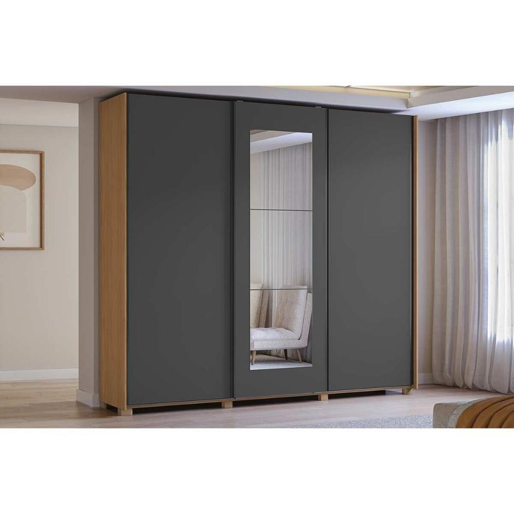 Guarda Roupa Casal 3 Portas De Correr (1 C- Espelho) E 4 Gavetas C- Pés Cb01t582 Canela-grafite - Kappesberg - 1