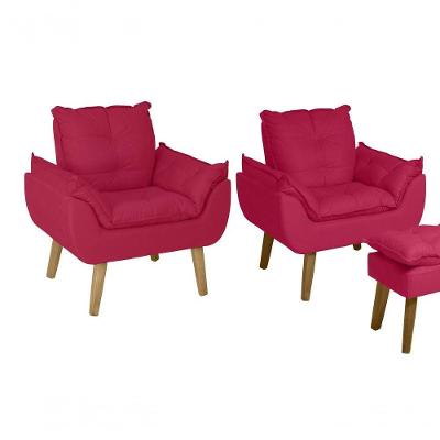 Kit 02 Poltrona Decorativa Confortável Com Puff Glamour Opala Com Pés Quadrado Vermelho