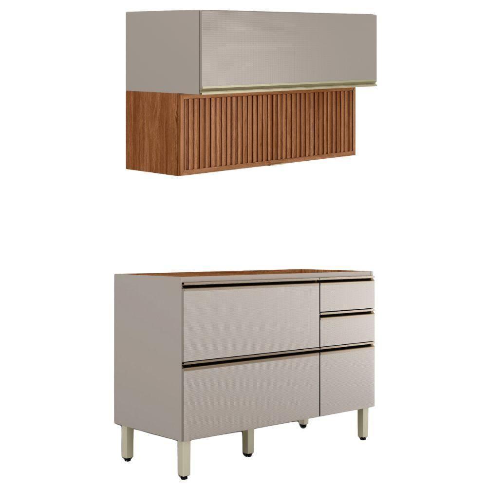 Balcão Pia E Armário Aéreo 120 Cm Ripado Proença Nogueira Nude Prime Demartez - 1