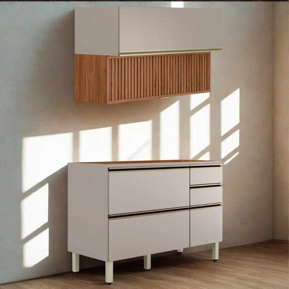 Balcão Pia E Armário Aéreo 120 Cm Ripado Proença Nogueira Nude Prime Demartez - 2