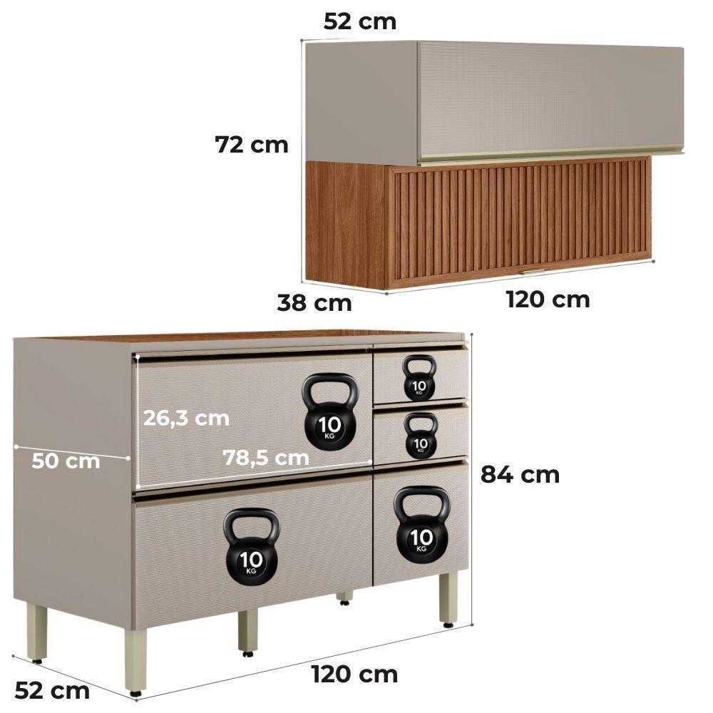 Balcão Pia E Armário Aéreo 120 Cm Ripado Proença Nogueira Nude Prime Demartez - 3