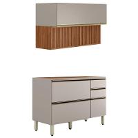 Balcão Pia E Armário Aéreo 120 Cm Ripado Proença Nogueira Nude Prime Demartez - 1